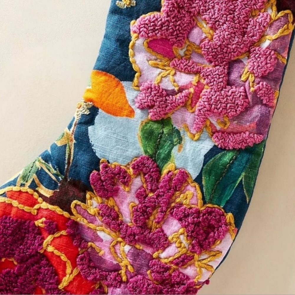 Anthropologie x Nori Floral Embroidered Navy Christmas Stocking - Picture 4 of 8